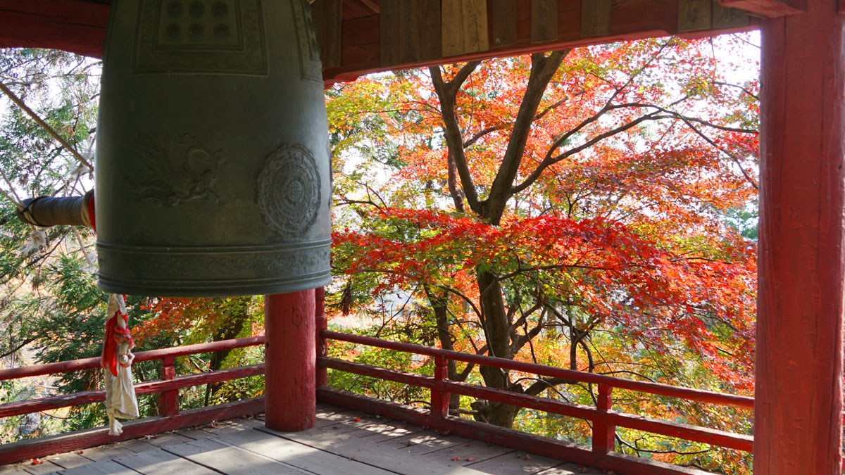 Enlarged picture of autumn leaves near the bell tower in the precinct of Oiwasan Bishamonten