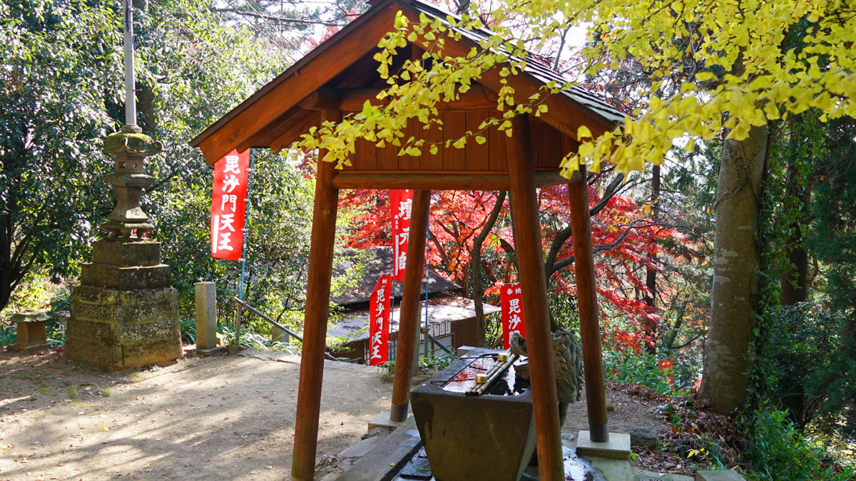 Pictures of autumn leaves in front of the hand-watering place in the main temple of Oiwasan Bishamonten